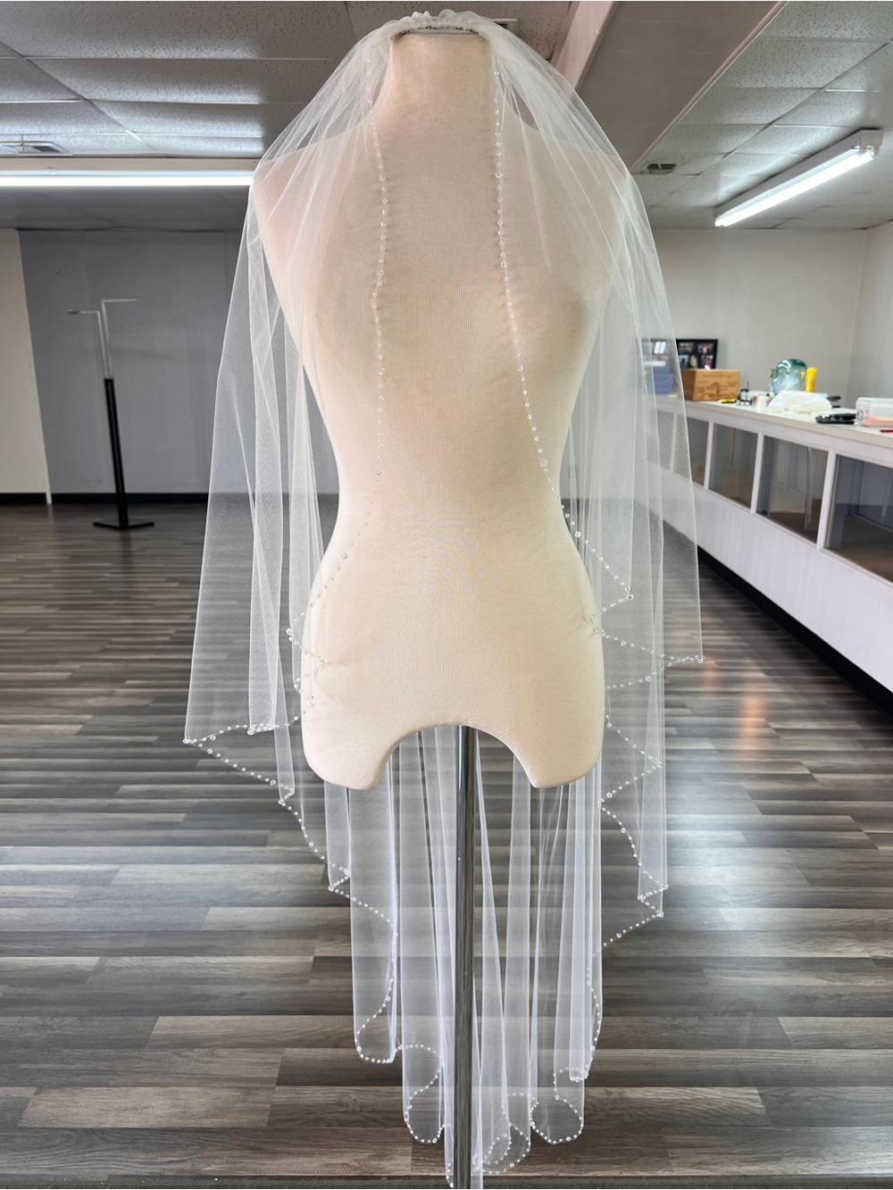 Bridal Veil with Beaded Edging in Clear Crystals - Ivory